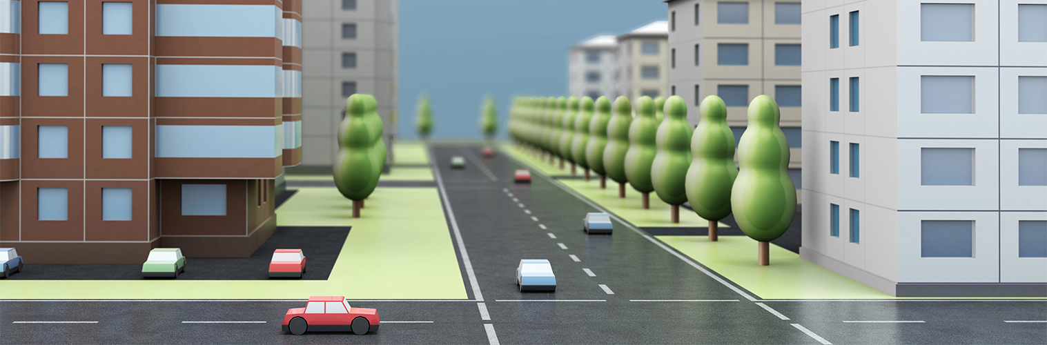 A cute 3-D rendering of an imaginary city street with buildings, streets, and cars