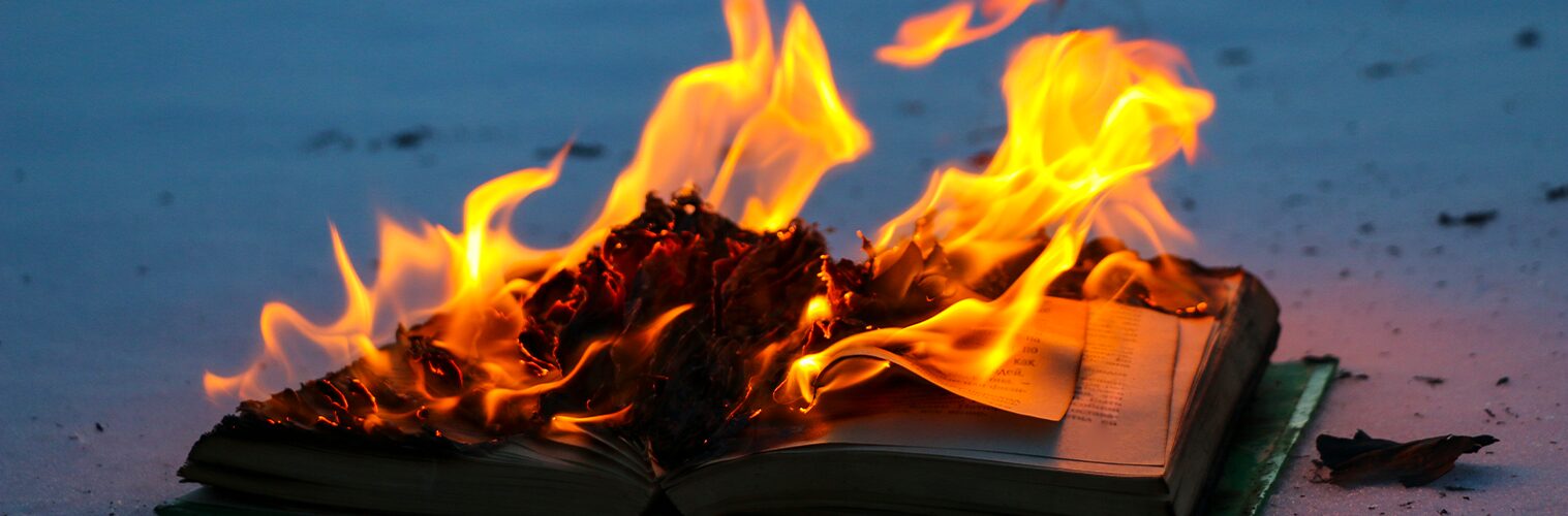 An image of a hardcover book opened to the middle, sitting in the snow, on fire